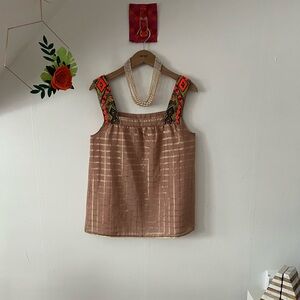 EUC Vineet Bahl Silk Top sz M with embroidery billowy bright gold check Indian